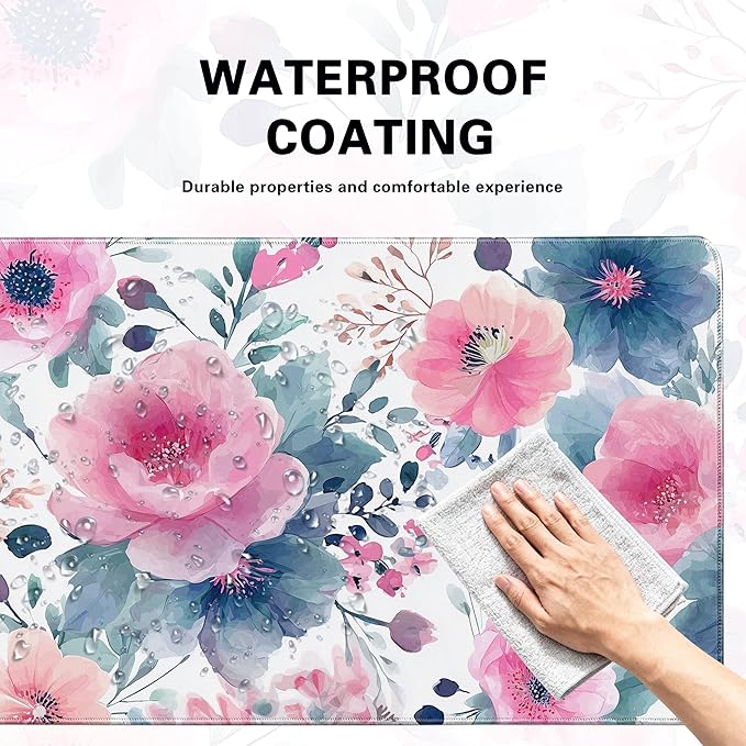 Desk Cover Mat, Floral Large Mouse Pad, Computer Laptop Mat Desk Decor for Women Girls 31.5 X 15.7 Inch (Watercolor Pink Flowers)