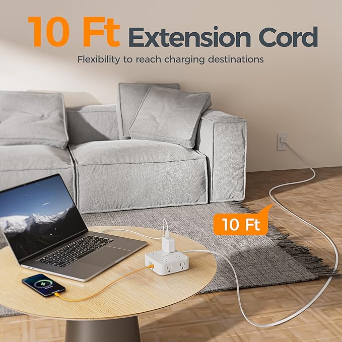 TESSAN Surge Protector Power Strip, 10 Ft Flat Plug Extension Cord with 3 USB (1 USB C) 8 Outlets, 1250W, 900J Protection, 3 Sided Outlet Extender with Power Switch for Office, Dorm Room, White