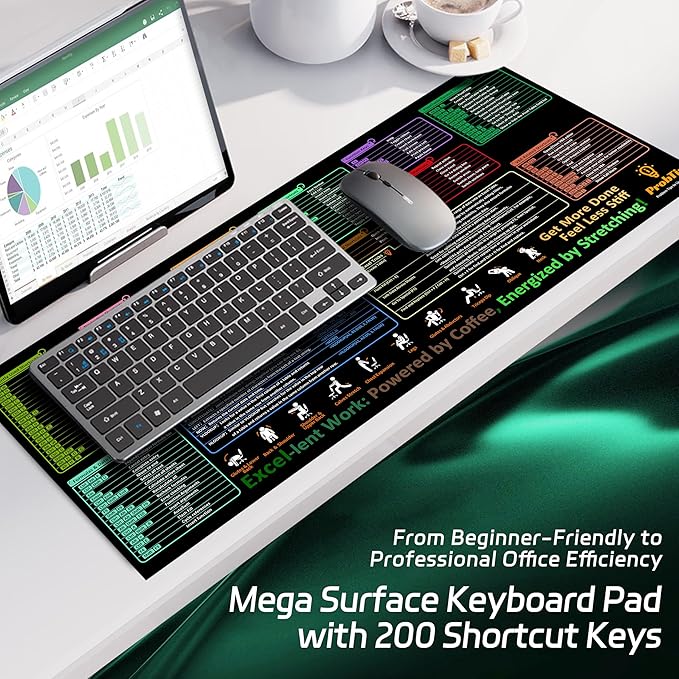 ProbTis Excel Cheat Sheet Desk Pad – XXL 35.4"x15.7" Shortcuts Mousepad for Keyboard | Non-Slip Base, Stitched Edges, Pro Office & Back to School Mat