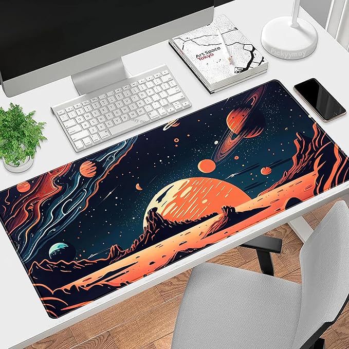 Painted Planets Desk Mat Outer Space Desk Pad, Orange Black Gaming Mouse Pad, Large Keyboard Mouse Mat Work Game, Deskmat with Stitched Edges XXL, Fun Office Decor Desk Accessories 31.5"x15.75"