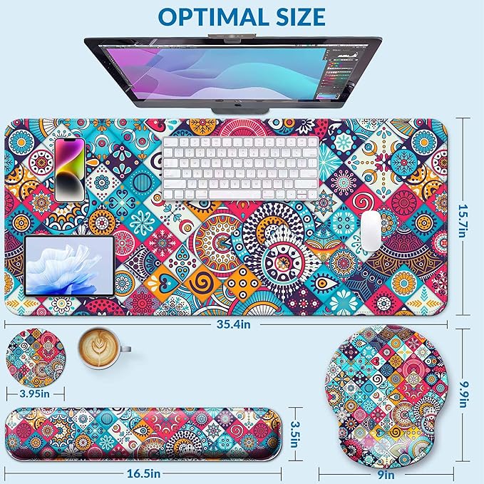 Desk Pad Keyboard Wrist Rest and Mouse Pad Coaster Set,Large XXL Desk Mat Matt Cover Ergonomic Mousepad with Memory Foam for Women Desktop Computer & Office -Mexican Style