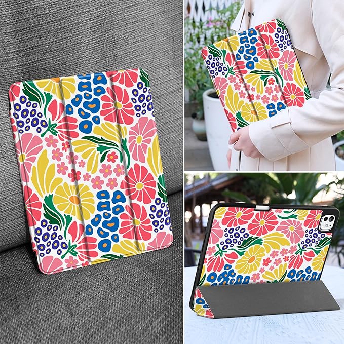 MEEgoodo Case for M5 iPad Pro 11 inch 2025/M4 iPad Pro 11 inch Case 2024, Tablet Cover with Trifold Stand & Pencil Holder & Auto Wake/Sleep & Soft TPU Back Cover, Groovy Flower