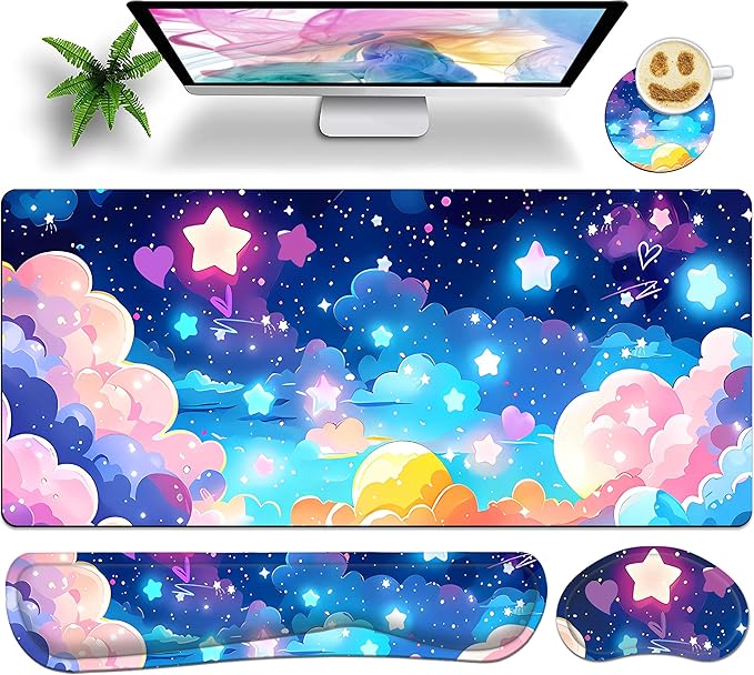Large Mouse Pad Set 35.4 x 15.7 with Keyboard Wrist Rest, Wrist Support, and Coaster, Waterproof Memory Foam Smooth Desk Pad Mousepad for Home Office School - Pastel Rainbow Star