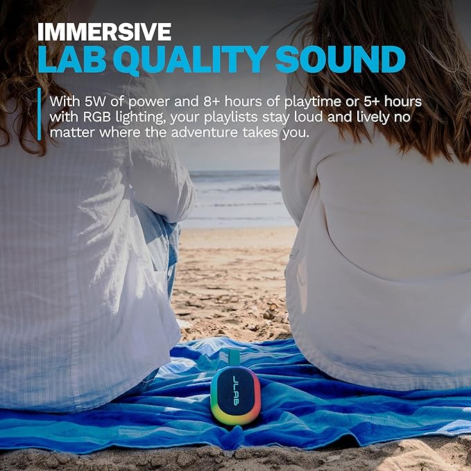 JLab, Pop Party, Portable Bluetooth Speaker, Waterproof, RGB LED Lighting, Navy
