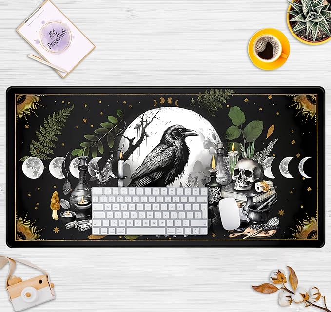 Cute Kawaii Raven Desk Mat XXL Large Extended Gaming Mouse Pad Nature Forest Gothic Mousepad with Stitched Edges, Anime Skull Laptop Keyboard and Mouse Mat Desk Pad for Work Game 31.5x15.7 in