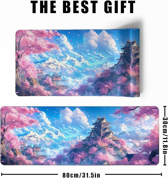 Japanese Cherry Blossom Desk Mat Anime Gaming Mouse Pad Large Desk Pad for Desk Computer Pc Laptop Office Decor, Mouse Keyboard Pad Stitched Edges Non-Slip Rubber Mat Desk Pad, 31.5x11.8 in