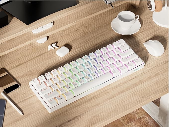 Geeky GK61 60% | Hot Swappable Mechanical Gaming Keyboard | 61 Keys Multi Color RGB LED Backlit for PC/Mac Gamer | ANSI US American Layout (White, Mechanical Speed Silver)