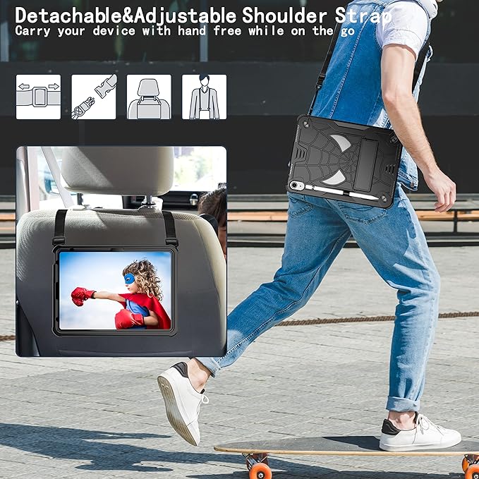 Dteck for iPad Air (3rd Generation) 2019/iPad Pro (2017 Release) Hard Shell Case 10.5" with Kickstand, Shoulder Strap/Screen Protector Film/Stylus Included, Shockproof Cute Spider Kid's Cover, Black
