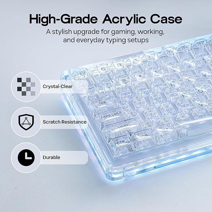 KiiBoom Phantom 98 Crystal Mechanical Gaming Keyboard, Transparent Keyboard with RGB Backlits, Hot-Swappable, Shine Through Clear Keycaps, 3 Modes Wireless, 8000mAh Battery, NKRO for Win/Mac (Clear)