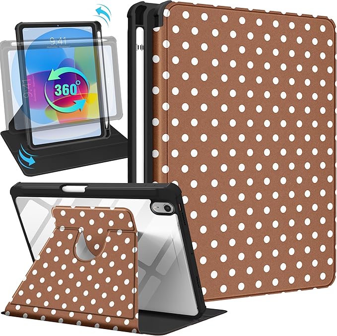 Uppuppy for iPad mini 7 Case (A17 Pro) for iPad mini 6th Generation Case - 360 Rotating Stand Folio Smart Cover with Pencil Holder for Women Girl, Brown Polka for Apple Tablet Mini 8.3 inch 2024/2021