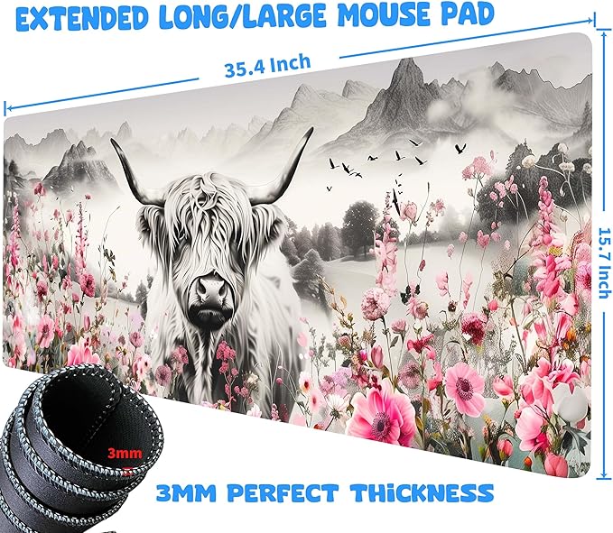 Extra Large Mouse Pad for Desk 35.4 X 15.7 Full Desk Pad for Keyboard and Mouse Mat Desktop Decor and Accessories XXL Mouse Pad for Home Office Mousepad Scottish Highland Cow
