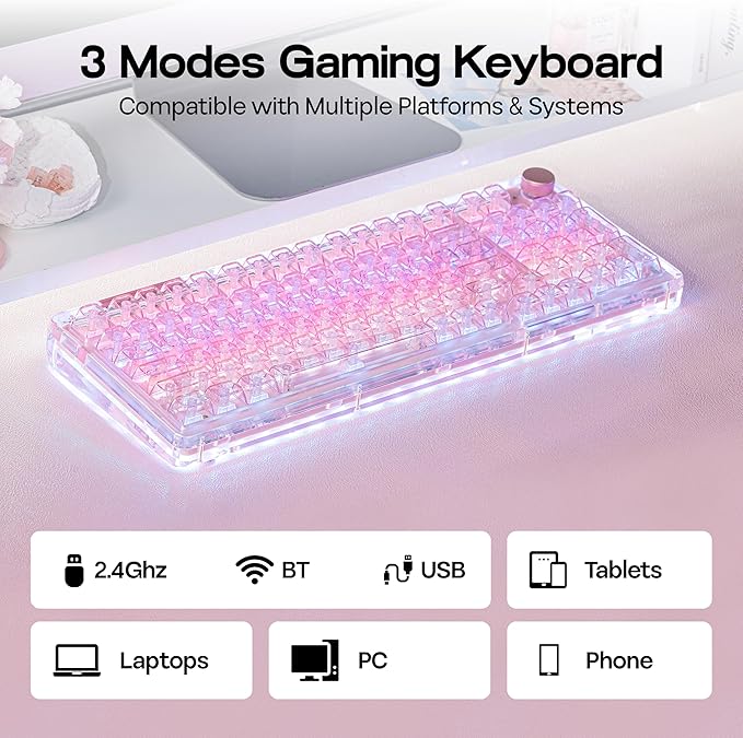 KiiBoom Phantom 98 Crystal Mechanical Gaming Keyboard, Transparent Keyboard with RGB Backlits, Hot-Swappable, Shine Through Clear Keycaps, 3 Modes Wireless, 8000mAh Battery, NKRO for Win/Mac (Pink)