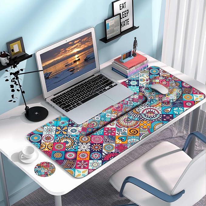Desk Pad Keyboard Wrist Rest and Mouse Pad Coaster Set,Large XXL Desk Mat Matt Cover Ergonomic Mousepad with Memory Foam for Women Desktop Computer & Office -Mexican Style