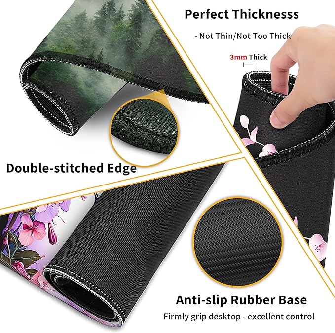 Large Gaming Mouse Pad Set 35.4 x 15.7 with Keyboard Wrist Rest, Wrist Support, and Coaster Memory Foam Smooth Desk Pad Mousepad for Home Office School - Mountain Forest