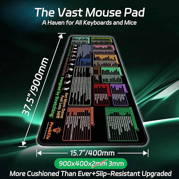 ProbTis Excel Cheat Sheet Desk Pad – XXL 35.4"x15.7" Shortcuts Mousepad for Keyboard | Non-Slip Base, Stitched Edges, Pro Office & Back to School Mat