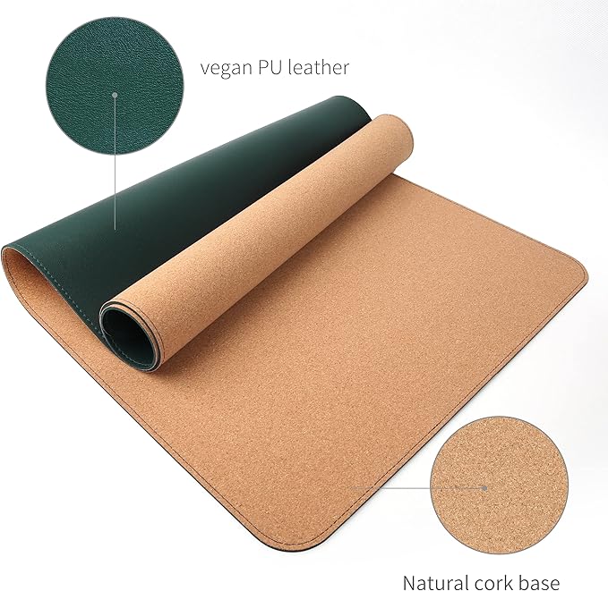 RENMTURE Dual-Sided Mouse Pad, Natural Cork & PU Leather Large Desk Pad for Office and Home Work, Desk Protector Non-Slip, Waterproof, Easy Clean (Dark Green, 47"x17")