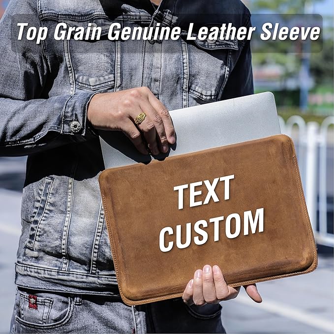 Top Grain Leather Text Custom Sleeve Slim Protector Case for Laptop/Tablet, Solid Vintage Design, Fully Handmade & Text Customizable, Compatible with MacBook Pro/Air & iPad Pro/Air