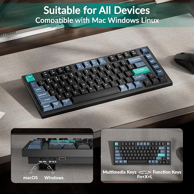 Keychron B31 Wireless Silent Keyboard, 75% Layout Quiet Typing Custom Programmable, 2.4 GHz/Bluetooth/Wired Ergonomic Support Compatible for Mac Windows Linux - Deep Black