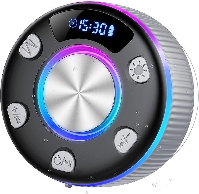 Bluetooth Shower Speaker, Portable Bluetooth 5.3 Speakers Wireless with Time Display, IP7 Waterproof Speakers with RGB Light, Suction Cup, Mini Stereo Speaker for Bathroom Party Beach Outdoor, Gray