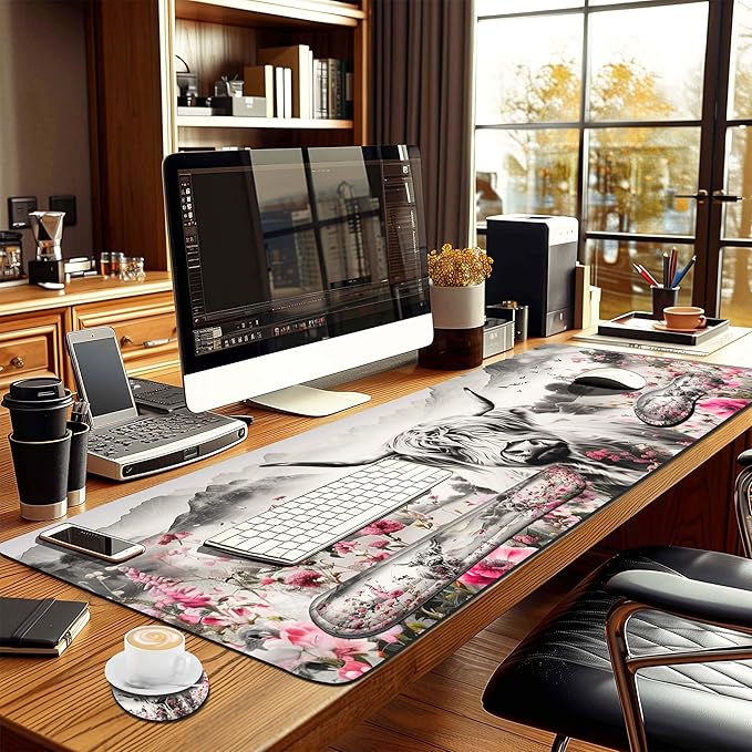 4-Piece Extended Large Mouse Pad Set for Women Men with Highland Cow Design Includes 35.4 x 15.7 XXL Large Mouse Pad Keyboard Wrist Rest Mouse Wrist Support and Coaster for Office Home
