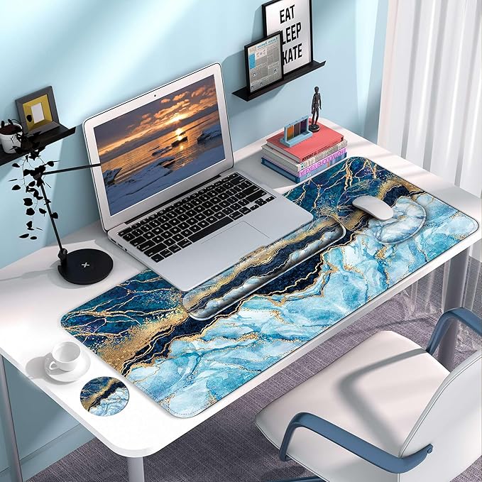 Desk Mat Set + Keyboard and Mouse Pad with Wrist Rest Support,4-in-1 Large Mousepad Computer Mats for Desktop Home & Office-Marble 2