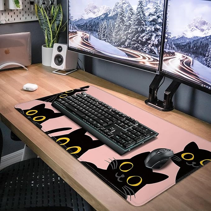 Pink Cute Cat Mouse Pad for Desk,Kawaii Mouse Pad 31.5 X 11.8 in Mouse Mat Desk Pad,Extended Keyboard Pad Large Desk Mat Pink Mousepad with Non-Slip Base and Stitched Edge for Gaming Home Office