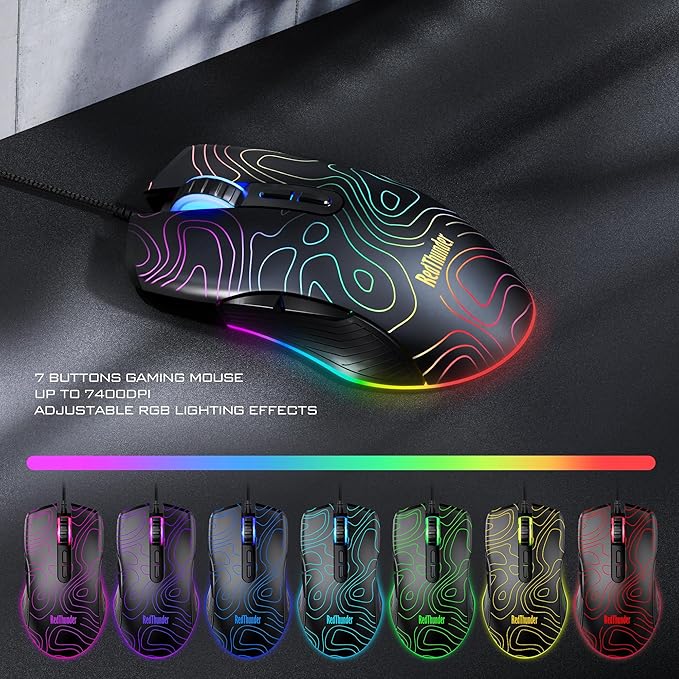 RedThunder K10 Wired Gaming Keyboard & Mouse Combo with Wrist Rest, Adjustable RGB Mechanical Feel Anti-ghosting Keyboard + 7D 7200 DPI Mouse+Soft Leather Wrist Rest for PC Gamers (Black Lines)