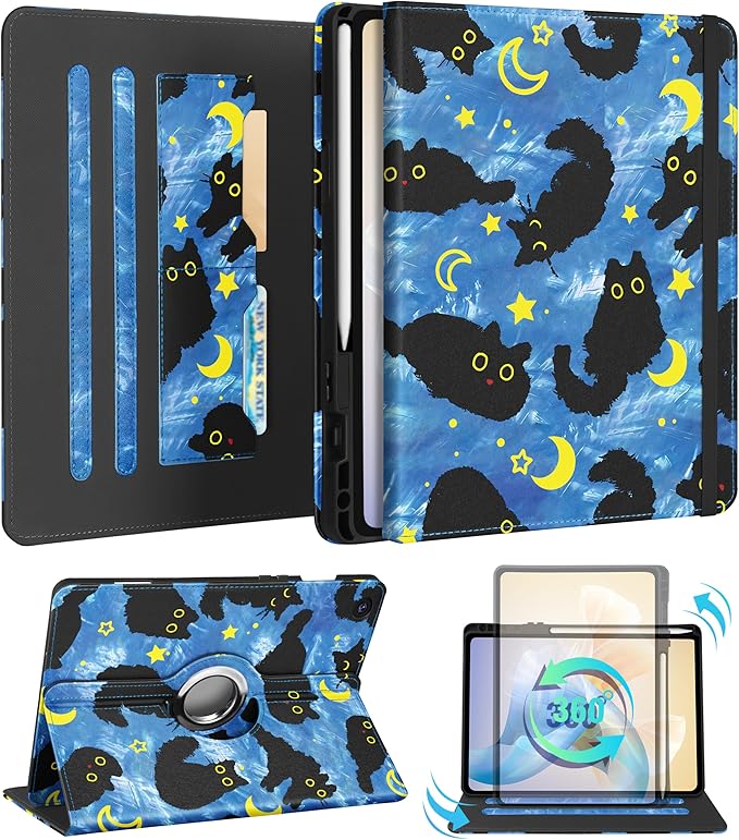 Kidcube for Samsung Galaxy Tab A9 Plus Case 11 Inch - for Women Girls Cute Rotating Stand Folio Cover with Pencil Holder & Card Slot Girly Cat Unique Design Blue Teen for Samsung A9 Plus Tablet Cases