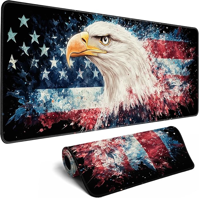 American Flag Eagle Mouse Pad Gaming Desk Pad Independence Day Extra Large XL Mousepad (31.5x11.8 in), Desk Mat Pad Home Office Decor Stitched Edges Smooth Surface Non-Slip Bottom Mat