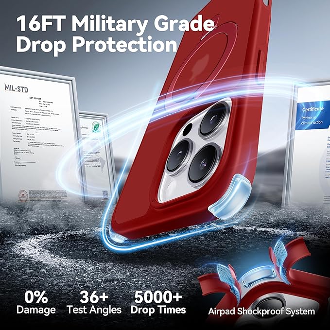 CASEKOO Ultra-Magnetic Stand for iPhone 16 Pro Case [Military Drop Protection] [Compatible with MagSafe] Shockproof Translucent Matte Slim Ring Holder Case for iPhone 16 Pro 6.3", Red