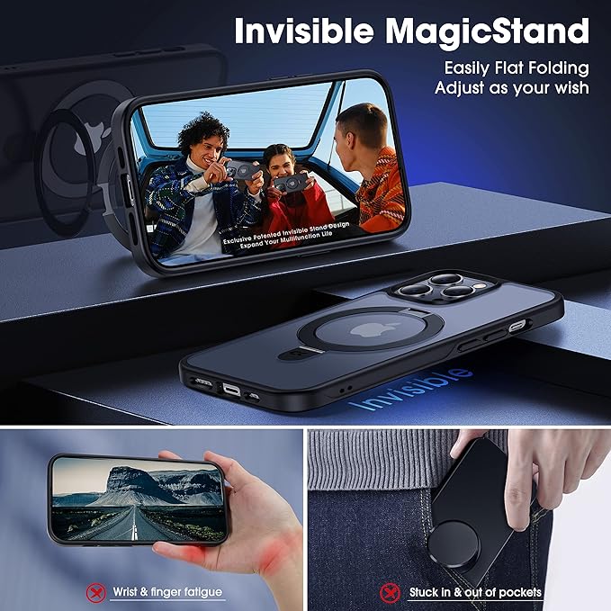 CASEKOO Designed for iPhone 14 Pro Max Case with Magnetic Invisible Stand [Military Drop Protection] [Compatible with MagSafe] Shockproof Slim Translucent Matte Promax Case 6.7", Black