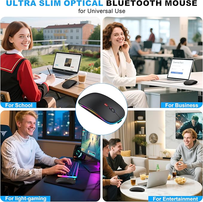 Bluetooth Wireless Mouse for MacBook Air Mac Pro iPad ,LED Rechargeable Silent Mouse with 2.4GHz USB-A/USB-C Receiver & Mouse Jiggler, Compatible with Laptop MacBook IPad Mac Tablet PC- Matte Black