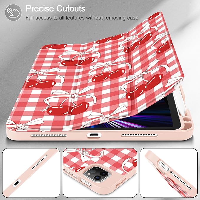 May Chen Case for iPad Pro 11 inch (4th, 3rd, 2nd & 1st Gen) 2022 2021 2020 2018, Trifold Stand + Pencil Holder + Auto Wake/Sleep + Soft TPU Protective Stand Back Cover, Cherry Bow