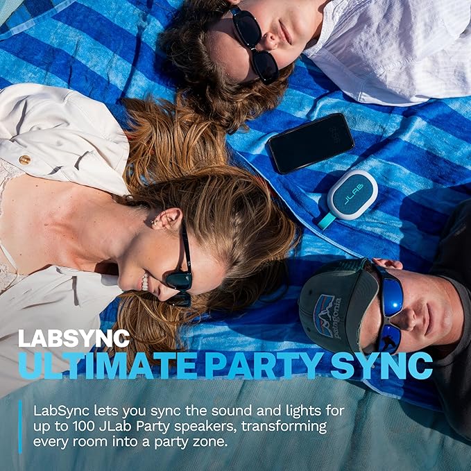 JLab, Pop Party, Portable Bluetooth Speaker, Waterproof, RGB LED Lighting, Navy