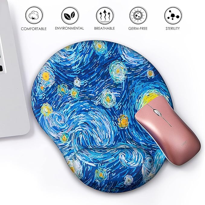 Ergonomic Mouse Pad with Wrist Support,Cute Mouse Pads with Wrist Rest,Comfortable Mouse Pad for Home Office Gaming Working Computers Laptop,Pain Relief with Non-Slip PU Base (Starry Night)