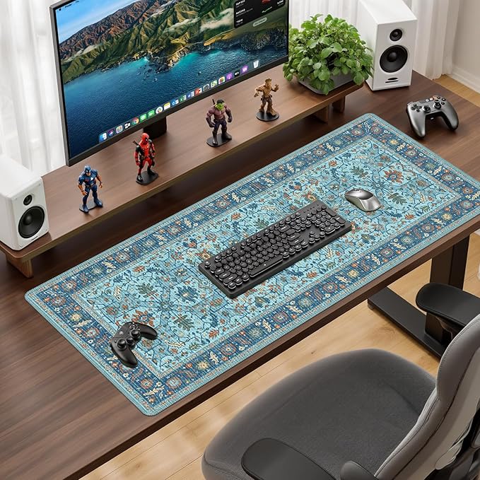 Baziabbo Blue Cute Desk Mat,XXL Extended Large Mouse Pad,Gaming Mousepad with Stitched Edge,Non-Slip Rubber Base Keyboard Desk Pad for Home Office Study Game (Blue-A)