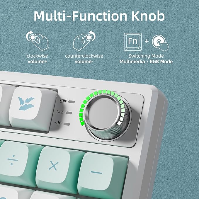 Mechanical Numpad Gasket Mounted with Creamy Sound, Bluetooth/2.4G/USB-C, Programmable Macro Numeric Keypad Rechargeable Number Pad Hot Swappable RGB Backlit Metal Knob for Win/Mac, Mint