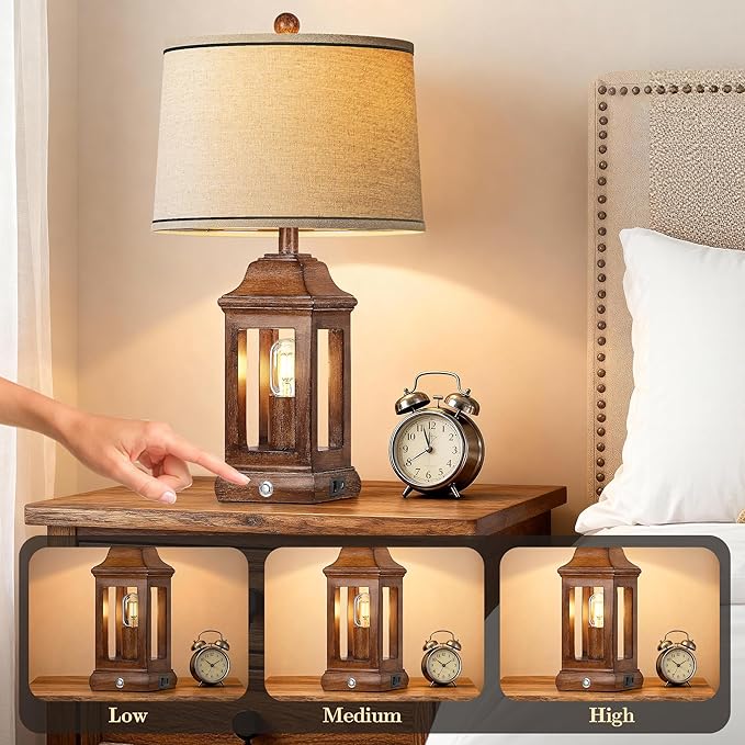 24" Rustic Farmhouse Table Lamps for Living Room, Single Pack Touch Dimmable Nightlight Vintage Bedside Lamps with USB A+C Ports & Dual Light Sources for Bedroom Nightstand End Table, Wood Grain