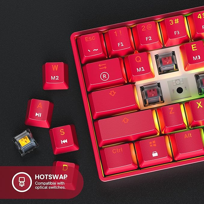 GK61 Mechanical Gaming Keyboard - 61 Keys Multi Color RGB Illuminated LED Backlit Wired Programmable for PC/Mac Gamer (Gateron Optical Yellow, Red)