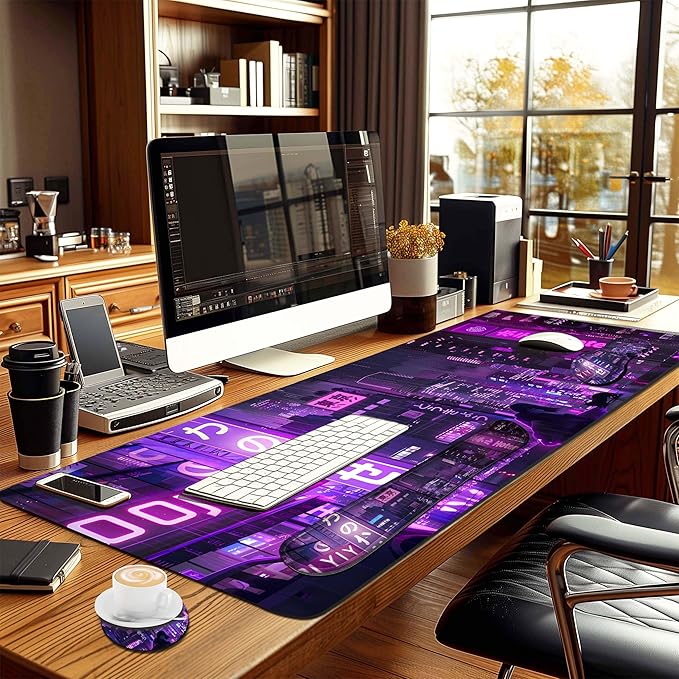 4-Piece Extended Large Mouse Pad Set for Women Men with Purple Anime Design Includes 35.4 x 15.7 XXL Large Mouse Pad Keyboard Wrist Rest Mouse Wrist Support and Coaster for Office Home