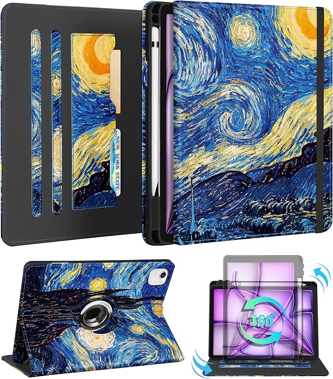Kidcube for iPad Air 13 Inch Case (M3/M2)/for iPad Pro 12.9 Cases 6th/5th (2022/2021) - Women Girls Kids Cute Rotating Stand Folio Cover with Pencil Holder & Card Slot Design Cool Unique Teens Cover