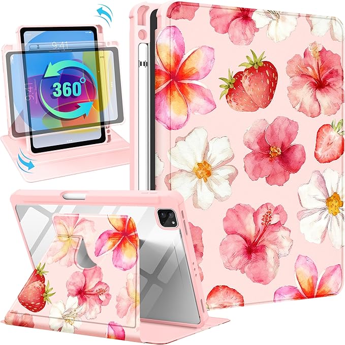 Uppuppy for iPad Air 11 inch Case(Air M4 2026, 8th Gen/M3 2025/M2)/Air 5th/4th Gen 10.9", for iPad Pro 11 inch Case(4th/3rd/2nd/1st Gen) - 360 Rotating Smart Folio Cover with Pencil Holder, Hibiscus
