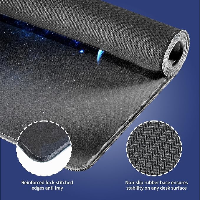 Wknoon. Extra Large Gaming Mouse Pad (31.5" x 11.8") with Durable Stitched Edges – A Blend of Blue and Purple Nebulae with Space Planets Cosmic Galaxy Dance, Anti-Slip Base Extended XXL Desk Mat