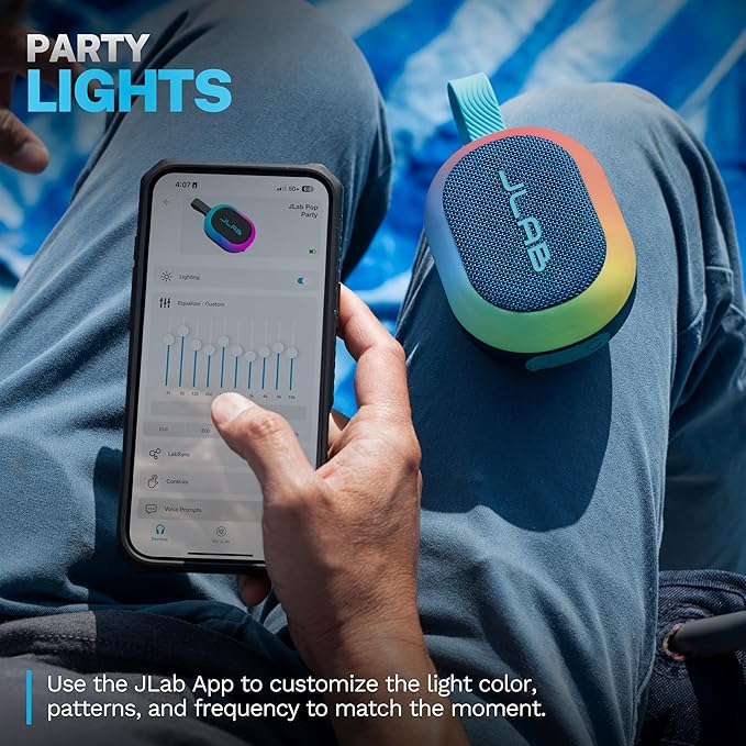 JLab, Pop Party, Portable Bluetooth Speaker, Waterproof, RGB LED Lighting, Navy