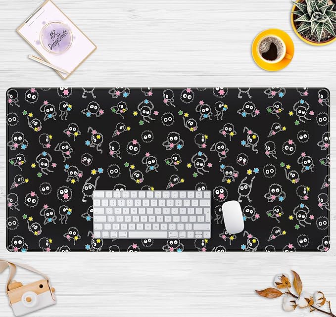 Desk Mat Cute Black Anime Sprite Gaming Mouse Pad XXL Large Extended Kawaii Laptop Keyboard Mouse Mat with Stitched Edges, Non-Slip Computer Desktop Mat for Women Office Desk Decor 31.5x15.7 in