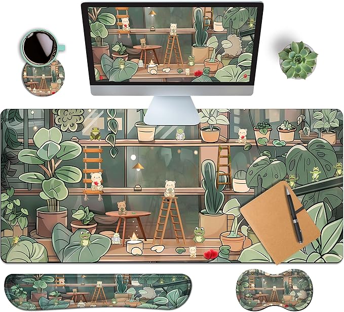 4-Piece Extended Large Mouse Pad Set for Women Men with Cute Design Includes 35.4 x 15.7 XXL Large Mouse Pad Keyboard Wrist Rest Mouse Wrist Support and Coaster for Office Home