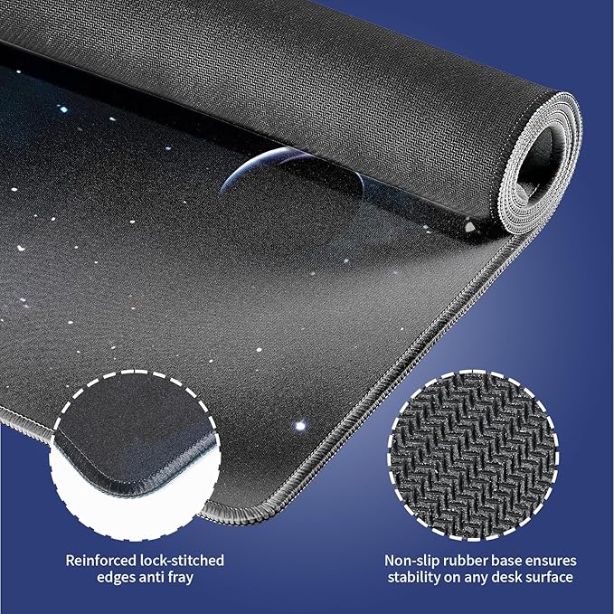 Extra Large Gaming & Office Mouse Pad (31.5" x 11.8") – Space Planets Navy Blue Galaxy, Premium Anti-Slip XXL Desk Mat with Durable Stitched Edges