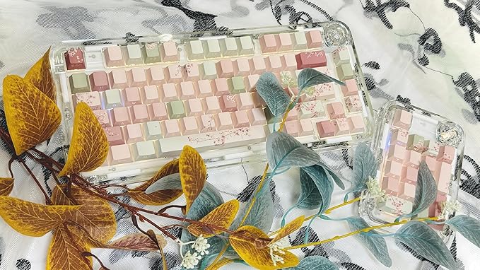 Peach Blossom Keycaps Side Print Custom Cherry Profile PBT Shine Through Keycaps Pink Green 128 Keys for Mechanical Keyboards 60% 65% 75% Backlit Key Caps