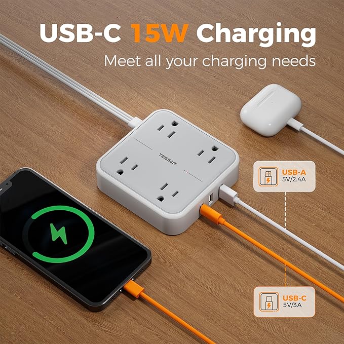 TESSAN Surge Protector Flat Extension Cord 25Ft, Flat Plug Power Strip with 4 Outlets 3 USB Ports (1 USB C), 900 Joules Protection, Multiple Wall Outlet Extender Suitable for Home Office Dorm, Grey