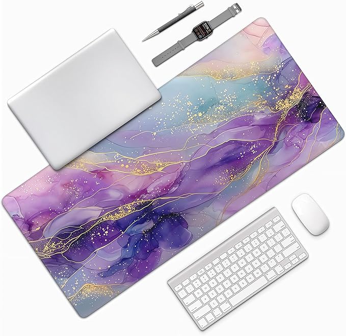 Large Mouse Pad, Purple Pink Marble Pattern with Gold Accents, 35.4 x 15.7 Inches, Rubber Base, Rectangular, Gaming